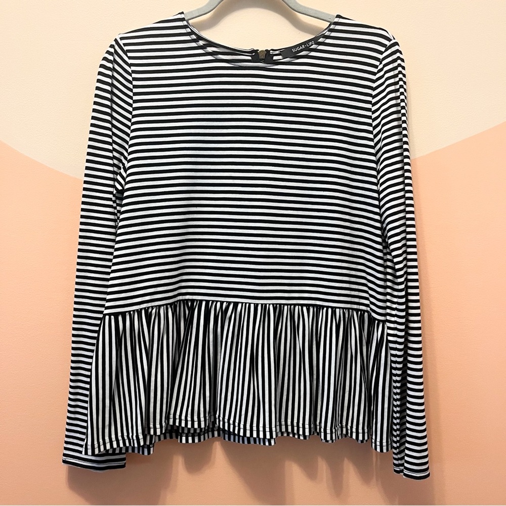 SUGARLIPS Black and White Peplum Blouse with Long Sleeves